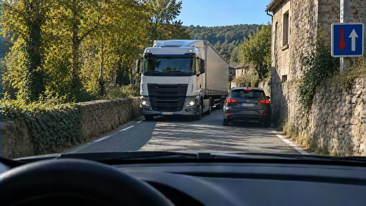 Situation de la question : Sur cette route étroite, un camion arrive en face. Je