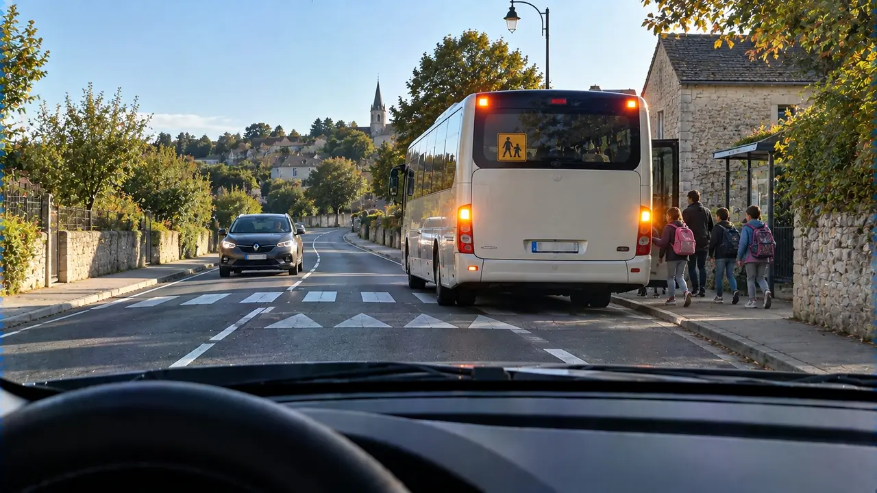Situation de la question : Ce car scolaire est à l’arrêt, feux de détresse allumés. Je