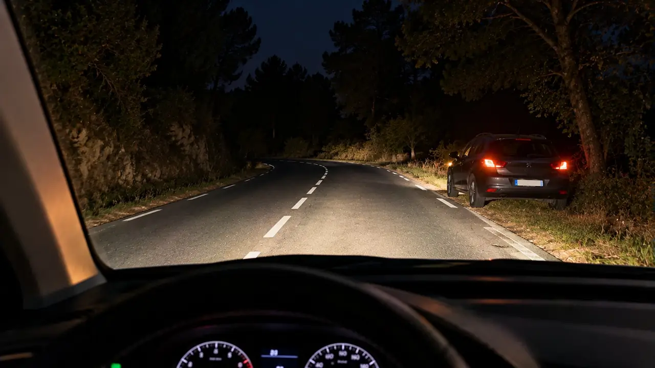 Situation de la question : La nuit, sur cette route sans éclairage, mon véhicule garé doit être visible