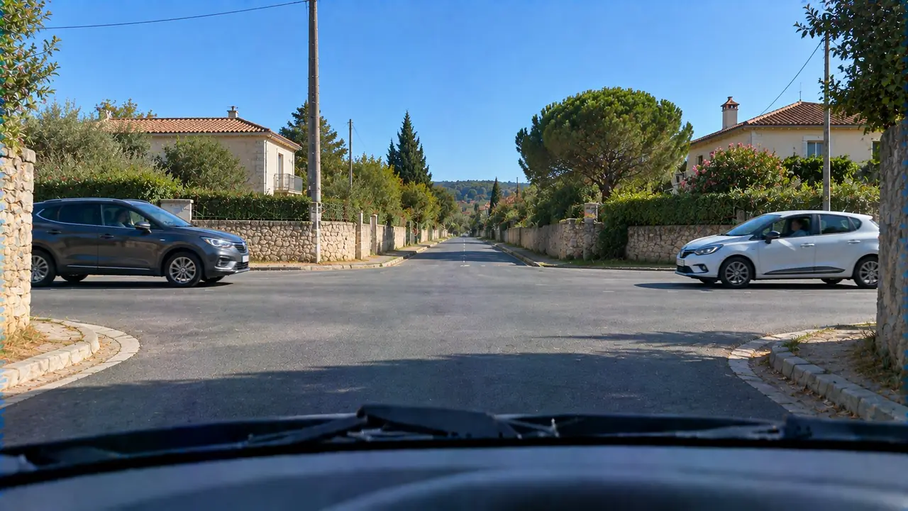Situation de la question : Deux voitures arrivent à ce carrefour sans panneau. Je cède le passage à celle venant