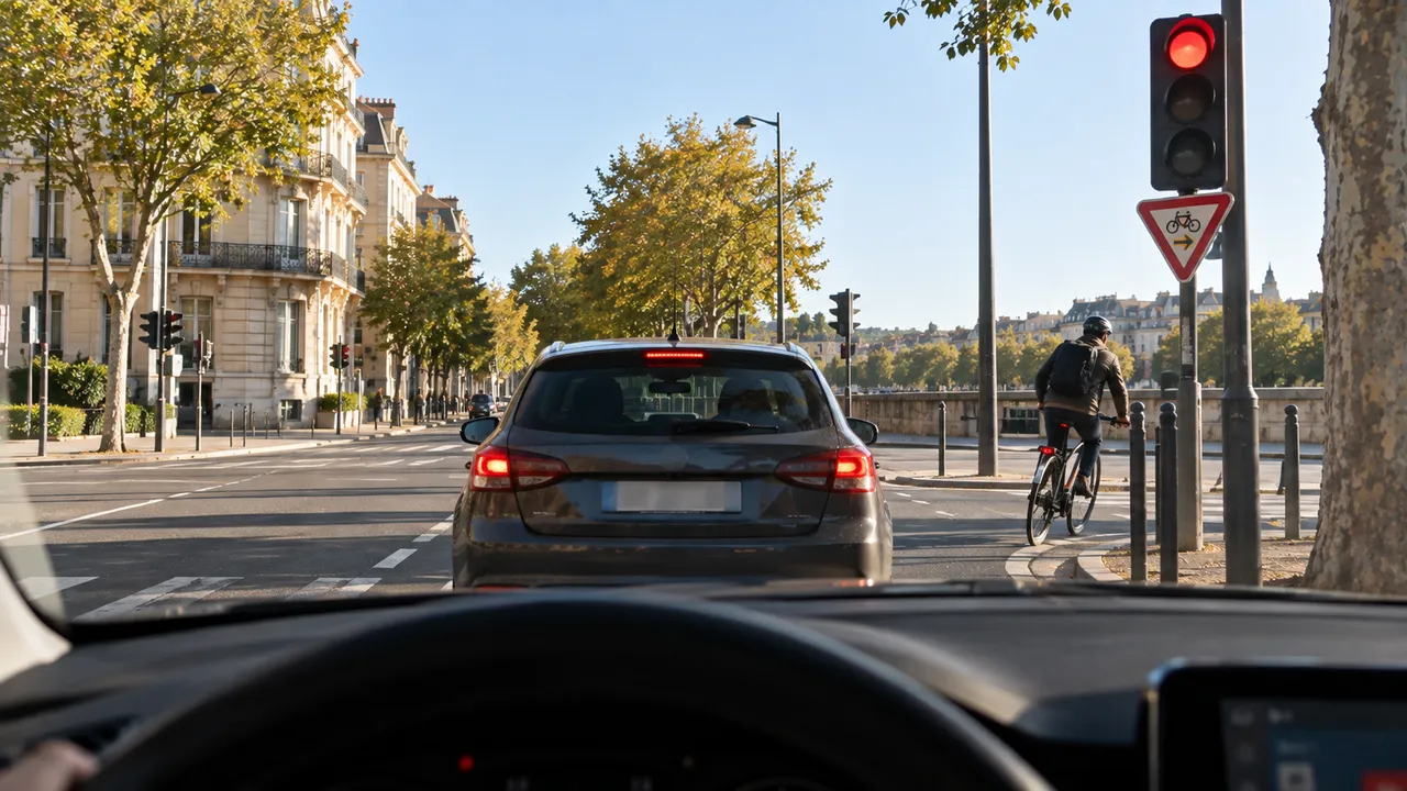 Situation de la question : Ce panonceau autorise les cyclistes à passer au rouge dans le sens de la flèche