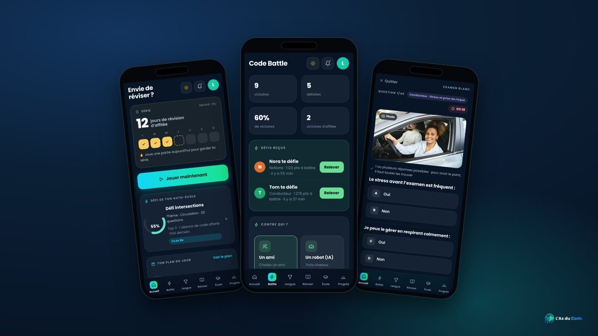 L’application élève : Accueil, Code Battle et examen blanc, sur téléphone