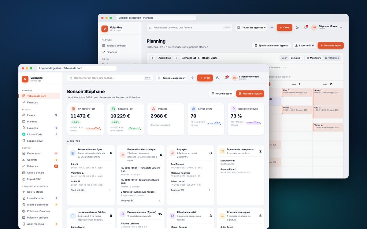 Le logiciel de gestion : Tableau de bord et planning des moniteurs (option pour les auto-écoles)